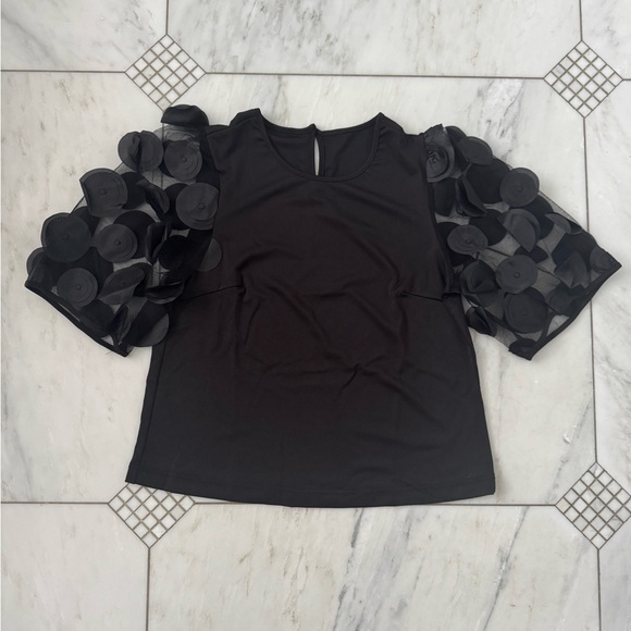 Elegant Black Top with Floral Puff Sleeves - Picture 1 of 4